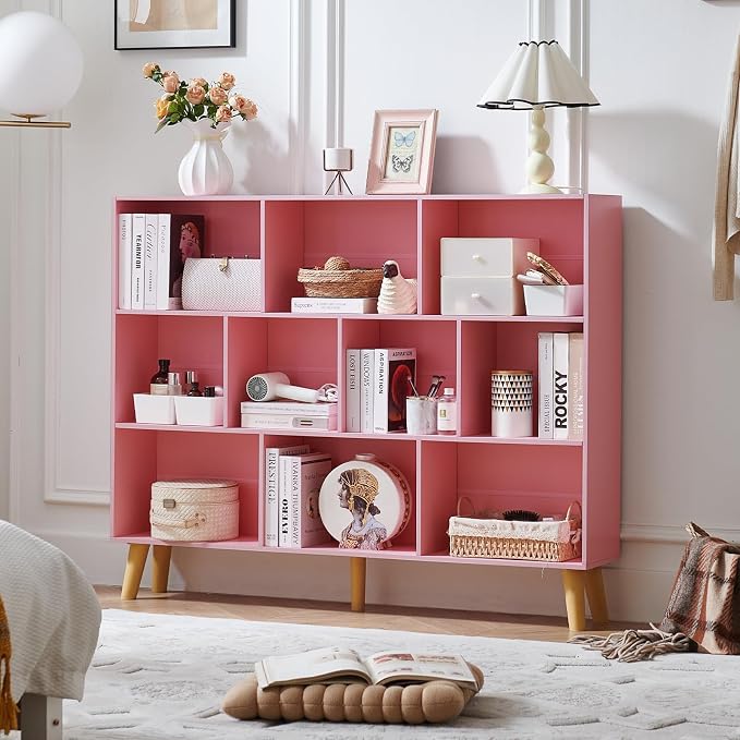 LEYAOYAO 10 Cube Bookshelf,Mid-Century Modern Bookcase with Legs,Light Pink | 3 Tier Book Shelf, 55" Wide Rustic Wood Bookshelves Large Storage Organizer, Open Shelves for Bedroom, Living Room, Office