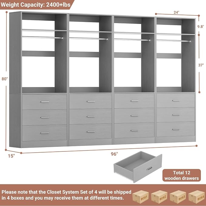 Besiost Closet System Set of 4, 8FT Closet Systems with 12 Wood Drawers, 96" Closet Organizer System with 4 Hanging Rods & 4 Shelves, Heavy Duty 96 Inch Walk-in Closet, Grey (96"L x 15" W x 80" H)