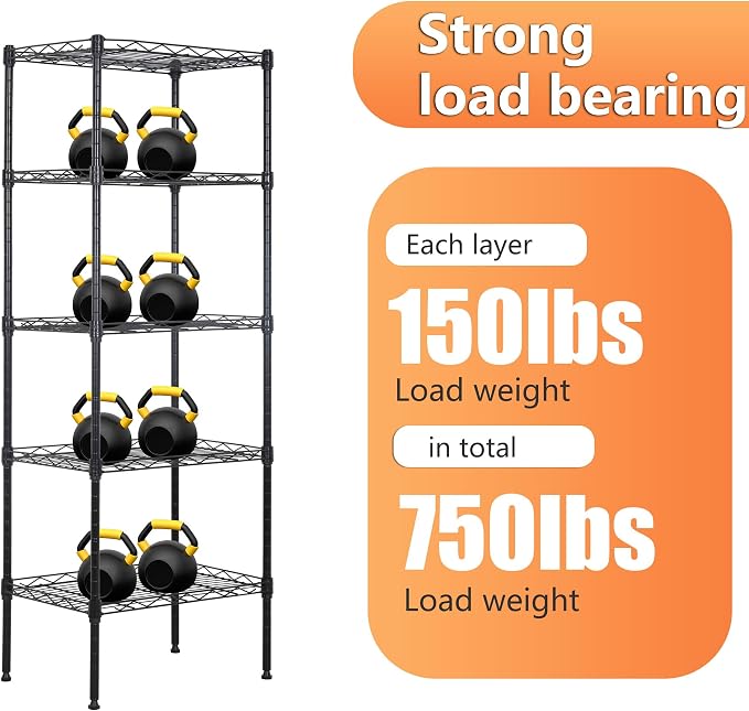 BestOffice | 5-Tier Wire Shelf | 17" x 12" x 48" | Black | Storage Shelves with Adjustable Racks, Holds upto 750 lbs | Rust-Resistant, No-Tool Assembly | For Home, Garage
