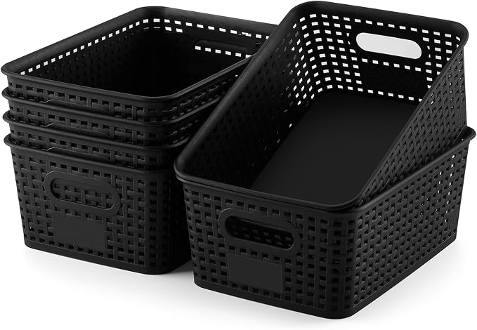 Plastic Storage Baskets 6 Pack Sturdy Storage Organizer Basket Woven Plastic Storage Bins for Shelves,Closet,Countertops, Desktops, Cabinets and Badrooms,Saving Storage, Stylish Design,Black