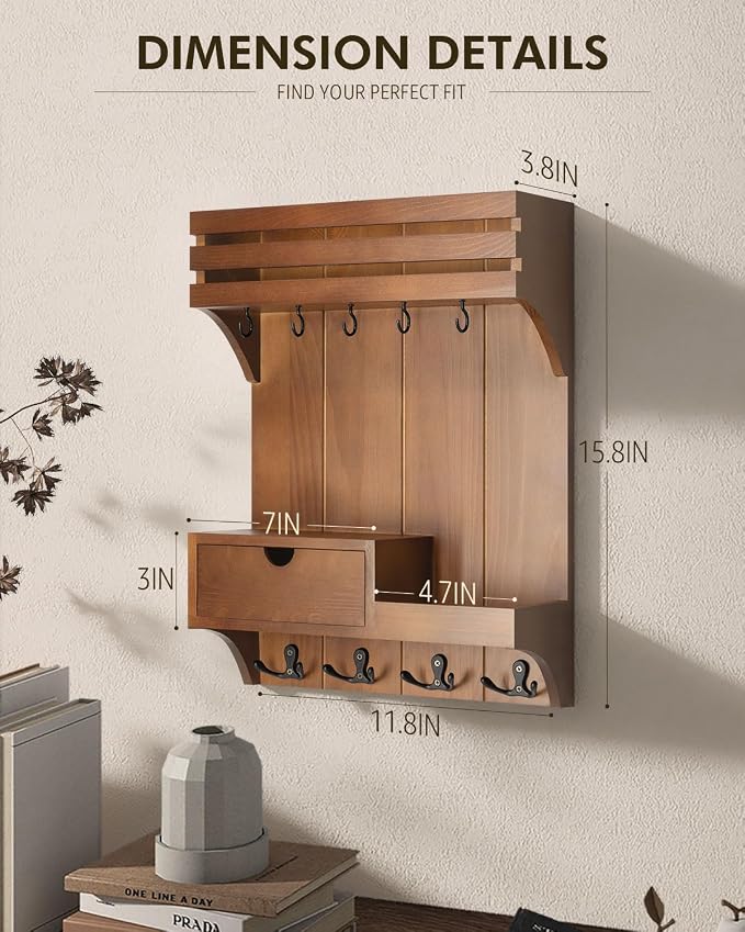 Rebee Vision Key Holder Wall Mount with Drawer Organizer for Entryway,Brown | Key Holder for Wall , 9 Sturdy Key Hooks, Floating Shelf, Plant Display, Drawer Organizer, Mail Sorter, Home Decor Storage
