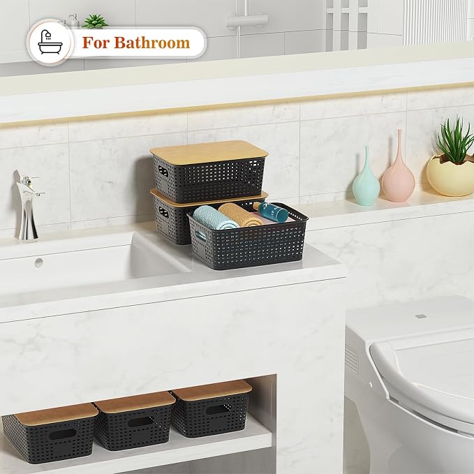 Ohmlove Plastic Storage Baskets With Bamboo Lid - Plastic Storage Containers Stackable Storage bins: Storage Baskets for Organizing Shelves Drawers Desktop Closet Playroom Classroom Office, 6 Pack