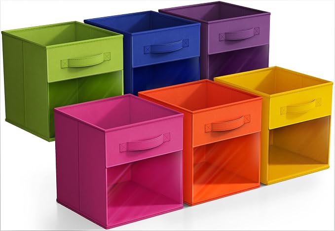 Sorbus 11 Inch Storage Bins with Clear Window - 6 Foldable Baskets for Organizing Clothes, Toys, Books - Sturdy Collapsible Fabric Storage Cubes with Handle - Storage Baskets for Shelves, Closets