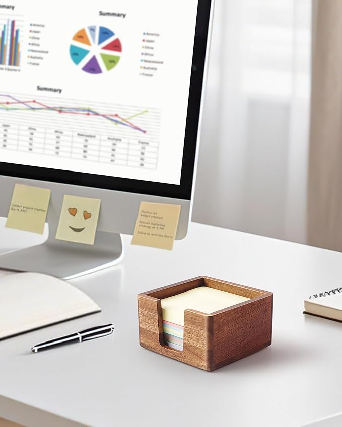 Acacia Wood Sticky Note Holder, Post It Note Dispenser for Office Desk, 3x3 Sticky Notes Organizer, Wooden Memo Pad Holder for Desk Home Accessories, No Pads Included (Sticky Note Holder)