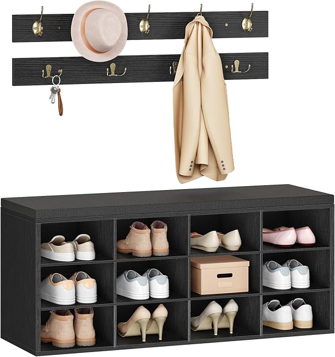 HOOBRO Shoe Storage Bench with Cushion, 39.4" L Entryway Bench with 12 Cubbies, Entryway Hall Tree with Storage, Cubby Shoe Rack Bench with Coat Rack for Hallway, Holds up to 330 lb, Black BB112HX01