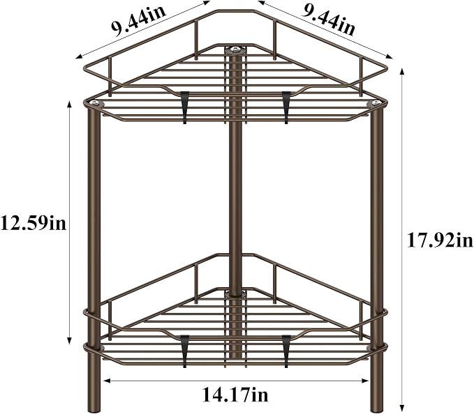 HuggieGems 2 Tier Floor Standing Corner Shower Caddy Organizer Shelf with Hooks, Bathroom Shelves Stand Rack, Bronze