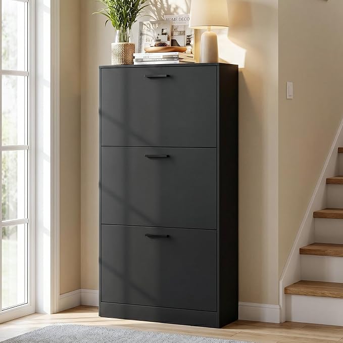 Shoe Cabinet with 3 Flip Drawers, Narrow Freestanding Shoe Organizer, Hidden Slim Shoe Storage Cabinet for Entryway, Hallway, Living Room, Black