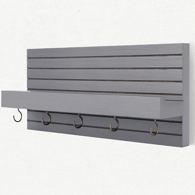 Lwenki Decorative Key Holder for Wall with Shelf, Entryway Shelf with Hooks Holds Leashes, Jackets and Glasses – Sturdy Wood Keyholder Entrance Hanger with Mounting Hardware (Gray, Medium)
