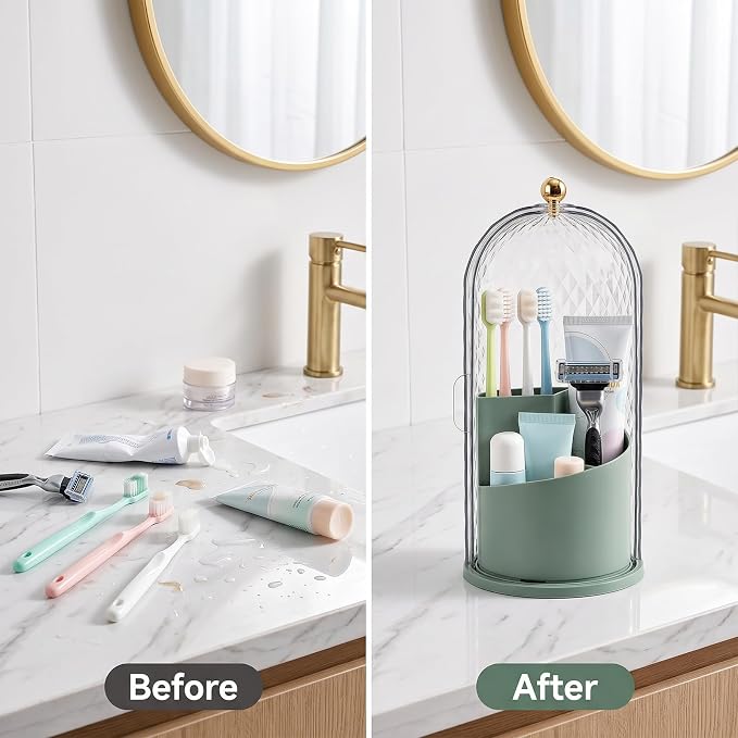 Toothbrush Holder with Cover for Bathroom Countertop, Organizer, Green | Rotating 3 Slot Holder for Electric Toothbrushes, Toothpaste, Self Draining Vanity Organizer, Makeup Brush Storage