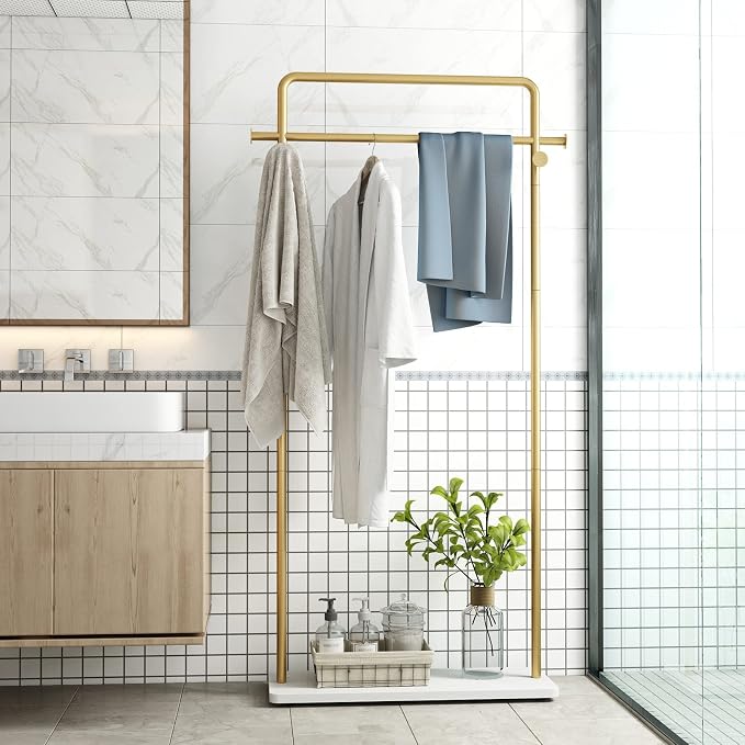 TIEOU Gold Coat Racks with Shelf, Heavy Duty Gold Clothing Racks for Boutiques, Free-Standing Metal Garment Rack for Hanging Clothes, Modern Clothes Rack Entryway