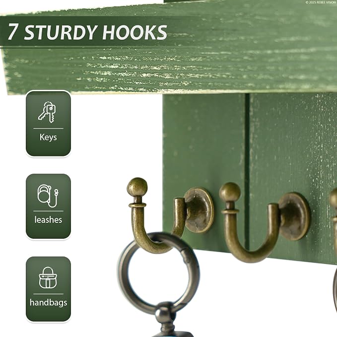 Rebee Vision Key Holder Wall Mount with Shelf &7 Hooks for Entryway, Green | Pine Wood, Farmhouse Key Holder for Wall, Mail and Perfume Display, Rustic Key Hanger, Apartment Essential, Room Decor Accent