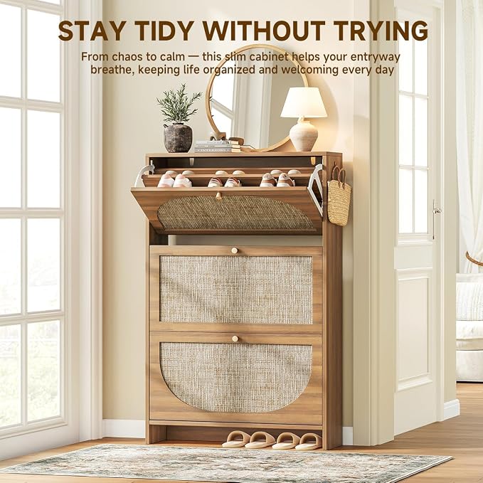 Nicetree Shoe Storage Cabinet for Entryway, Slim Arched Rattan Accent Shoe Cabinet with 3 Flip Drawers & 3-Tier Adjustable Shelves, Modern Boho Shoe Storage Cabinet, Narrow Shoe Rack for Small Spaces