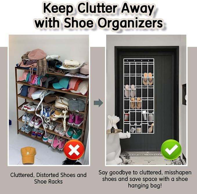 Kotkn Over the Door Shoe Organizer with 30 Breathable Mesh Pockets - Large Capacity Closet Storage for Men & Women, Hanging Shoe Rack Organizer (Solid black)
