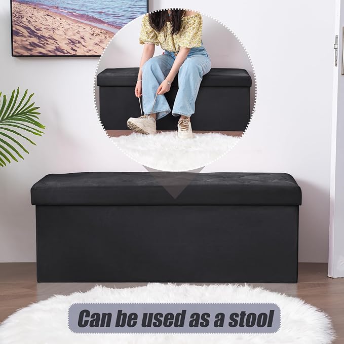 BRIAN & DANY 43 Inches Folding Storage Ottoman Bench, Velvet Ottoman with Storage for Living Room, Bedroom, Entryway, Ottoman Foot Rest, End of Bed Bench (Black)