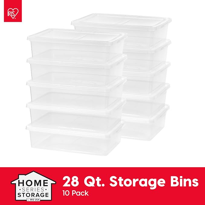 IRIS USA 10-Pack 28 Qt Storage Bins with Lids, Clear, Stackable | Great for clothing, linens, closets and home organization, nestable design, transparent design makes contents easy to find