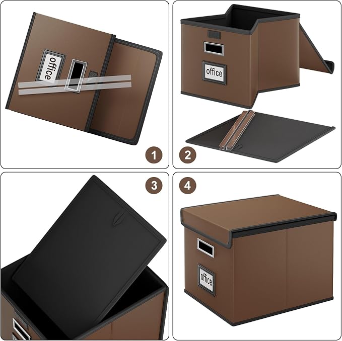 File Organizer Box with Lids, Collapsible File Folder Organizer | File Box with Plastic Slides for Document, Filing Bin for Letter Size Hanging File Folders (1 Pack, Dark Brown, Leather)