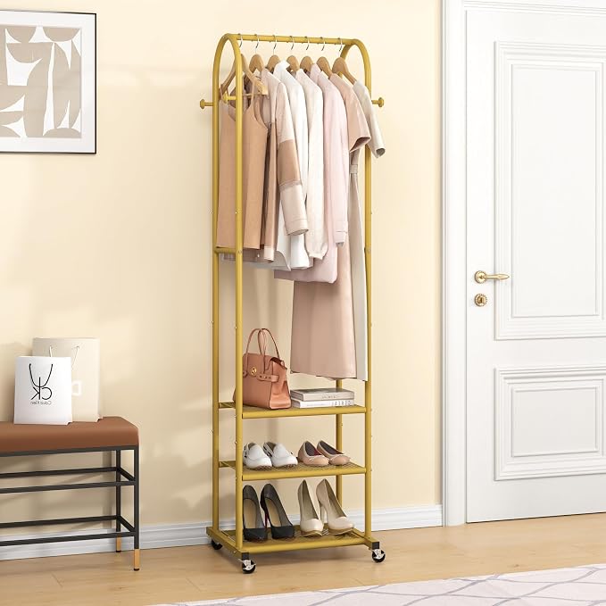 Kaitiemoo Clothing Rack, Mobile Garment Rack with Wheels & 3 Shelves, Gold | Heavy Duty Frame, Fits Small Spaces, 71.8 Inches Display Rack, Easy to install, Gold clothes rack
