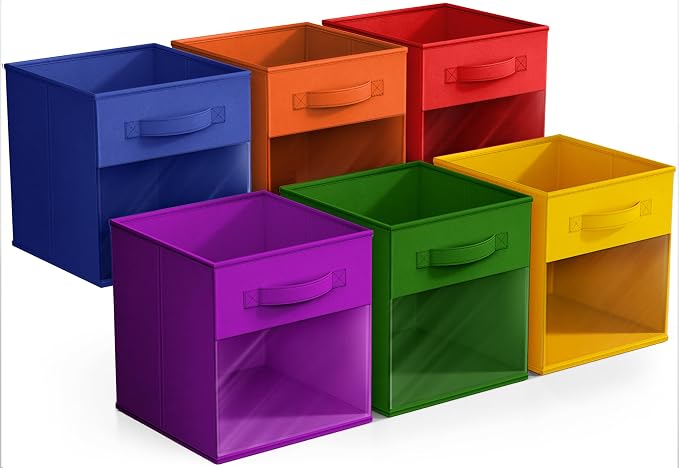Sorbus 11 Inch Storage Bins with Clear Window - 6 Foldable Baskets for Organizing Clothes, Toys, Books - Sturdy Collapsible Fabric Storage Cubes with Handle - Storage Baskets for Shelves, Closets