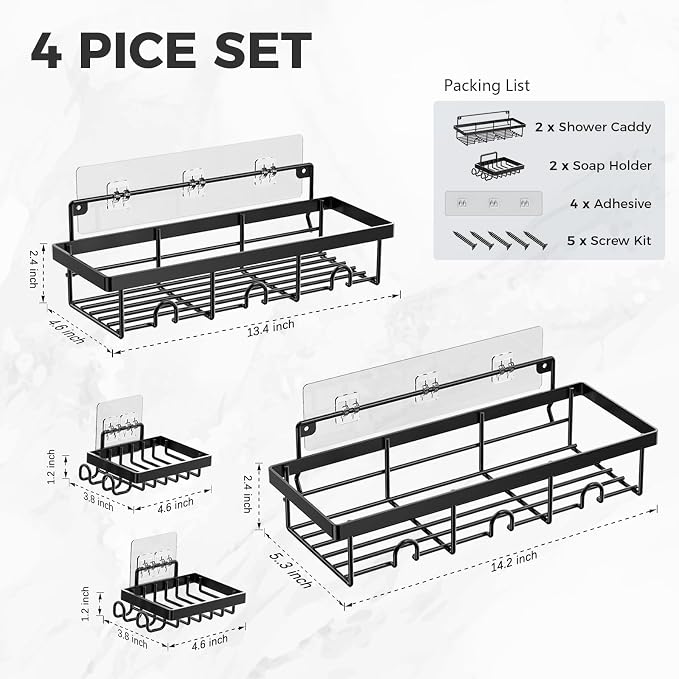 Adhesive Shower Caddy 4-Pack, Rustproof Stainless Steel Shower Organizer, Shower Shelves for Inside Shower Storage, Heavy-Duty No-Drill Rack with Built-in Hooks for Bathroom & RV