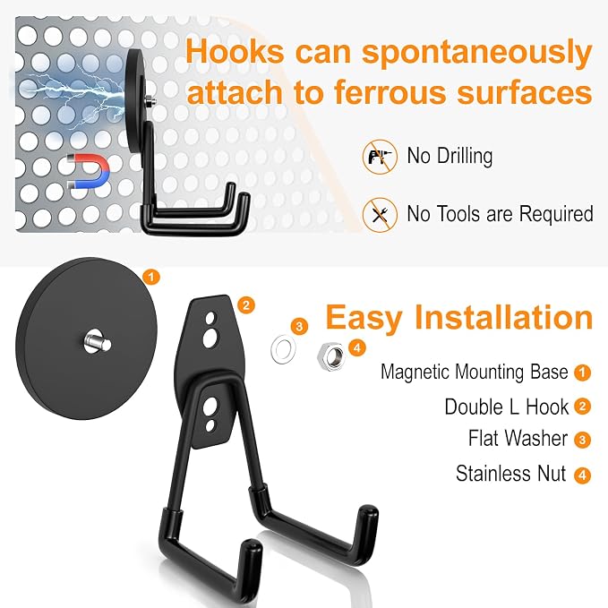 ENUODA Strong Magnetic Hooks Heavy Duty, 25lbs Magnet Tool Holder Garage Storage Hooks for Hanging Yard Tools Extension Cord Hose Power Tools Locker Container Outdoor Indoor, 2 Pack