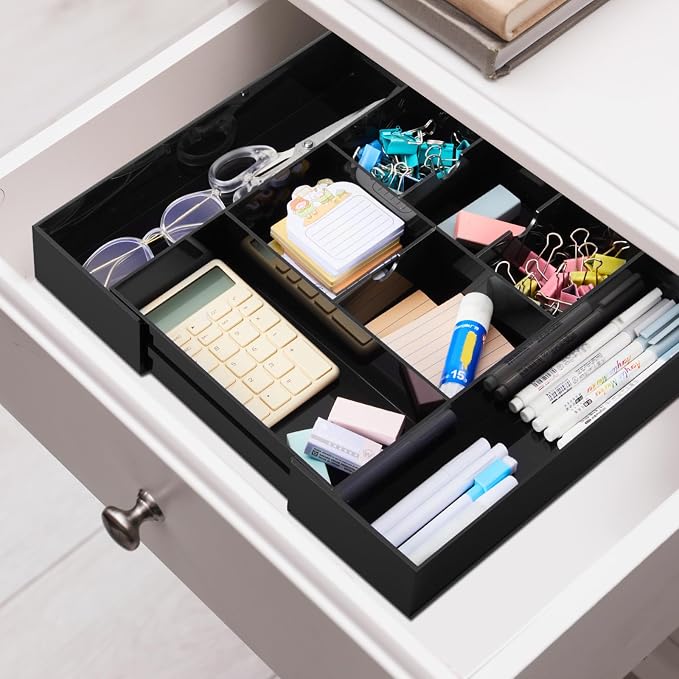 Briwooody Black Acrylic Drawer Organizer Expandable,8 Compartments,Large | 9'' up to 18'' x 12'' x 2.1'' Desk Drawer Organizer Trays Adjustable with Desk Accessories for Makeup Office Bathroom