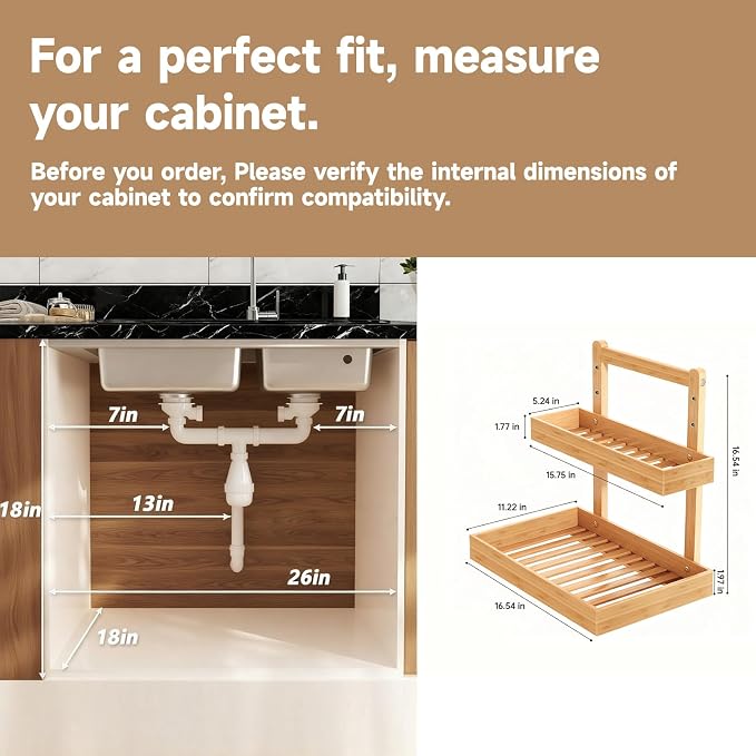 Bamboo Undersink Organizer Storage - 2-Tier Cabinet Shelf with Adjustable Levels, Under Sink Storage Slide Out for Cabinet Pantry Kitchen Bathroom (Natural)