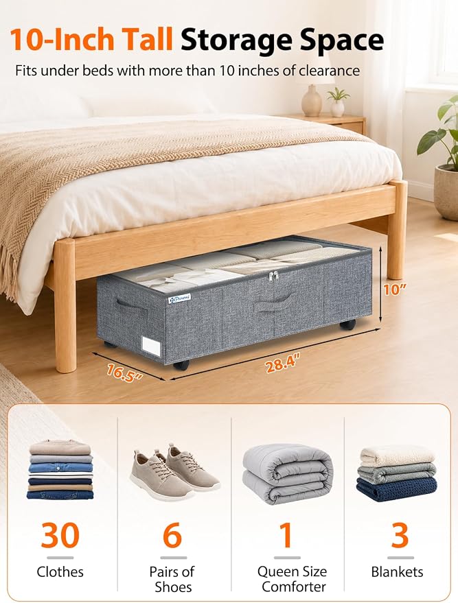 punemi 10 inch Tall Under Bed Storage Bins with Wheels, 2-Pack, Gray | Clear Lids, 5-Wheel Rolling Organizers for Clothes, Shoes and Blankets, Underbed, Closet & Dorm Organizataion