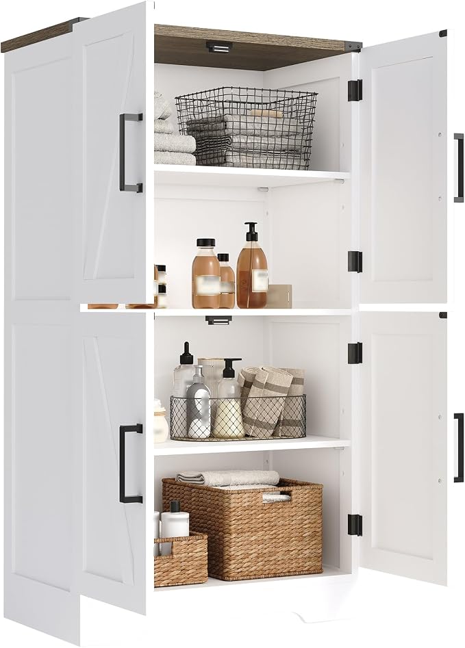 Treocho Farmhouse Bathroom Floor Cabinet with Adjustable Shelves | 13.78"D x 23.62"W x 43.46"H, Freestanding Kitchen Pantry Cabinet, Cupboard for Living Room, Dining Room, White