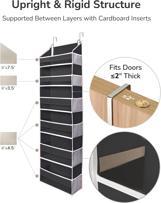 ULG 2Pack-Over The Door Organizer with 6 Large Pockets 12 Side Pockets Door Hanging Organizer Black Door Hanging
