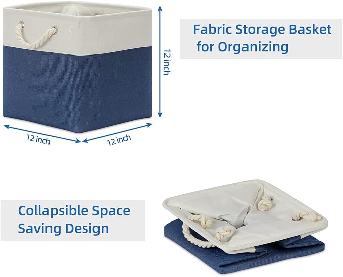 Temary Fabric Storage Cubes for Organizing 4Pack Blue Fabric Storage Basket 12 Inch Cube Storage Bins with Handles for Organizing Toys, Shelf Baskets for Home Office Closet (White&Blue)