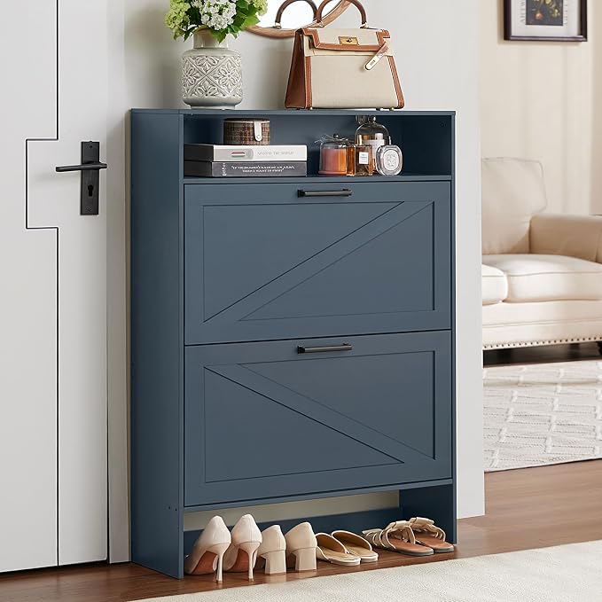 RWYHG Shoe Cabinet Storage for Entryway with 2 Flip Drawers | Open Storage Layer Rack Narrow Organizer Slim Hidden Wood Shoe Cabinet Furniture