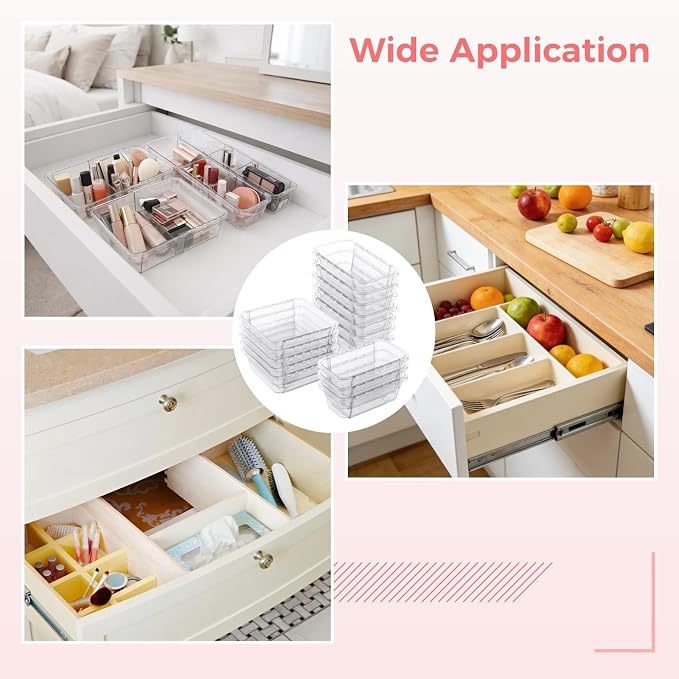 15 Pcs Extendable Clear Bathroom Drawer Organizer Trays 2-Size Adjustable Vanity Storage Box for Makeup Cosmetic Bedroom and Gadgets