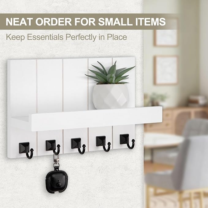 Key Holder for Wall, Decorative Key Holder with Shelf, Key and Mail Holder Wall Mount, Farmhouse Decor with 5 Key Hooks for Keys, Coats, ect.