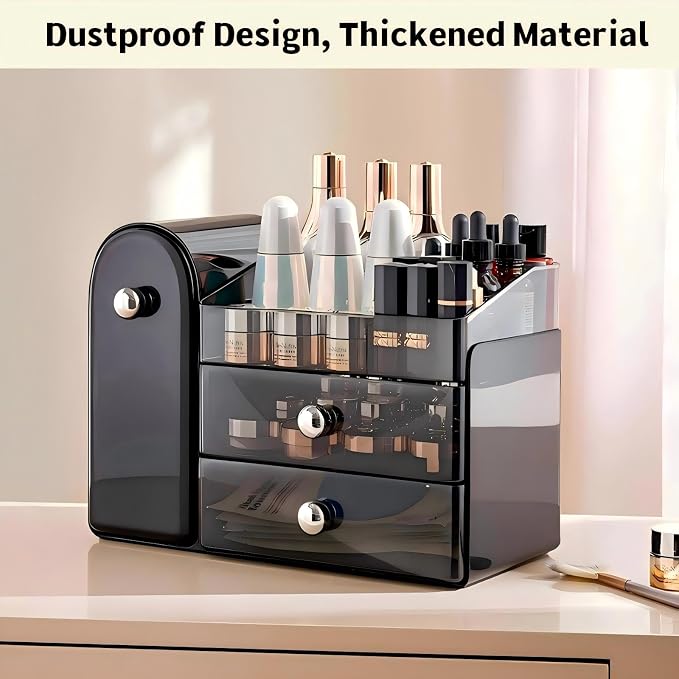 Makeup Organizer for Vanity with Brush Holder,Skincare Organizer | Large Makeup Storage,Bathroom Counter Organizer,Waterproof,Dustproof,Vanity Organizer Countertop,Durable,Easy-Clean,Black
