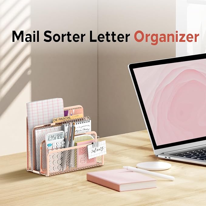 Mail Organizer Countertop for Desk, Mail File Holder with 3-Slot, Rose Gold | Metal Mesh Mail Sorter for Letters, Envelopes, Bills, and Files for Home Offices, Classroom Organization