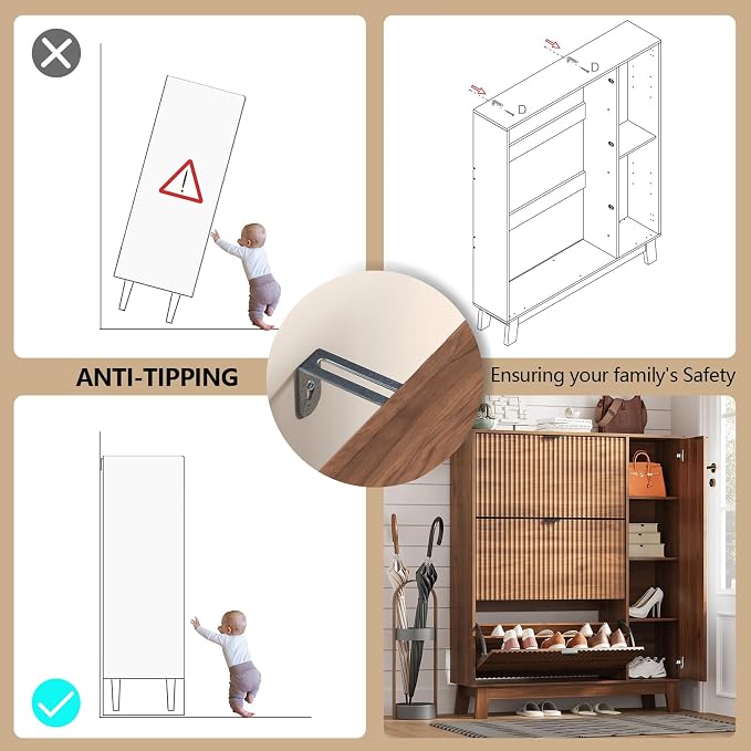 Shoe Cabinet Storage for Entryway with 3 Flip Drawers & Side Cabinet, Fluted Narrow Shoe Organizer with Wooden Leg, Freestanding Shoe Storage Hidden Shoe Rack Organizer for Front Door Entrance, Walnut