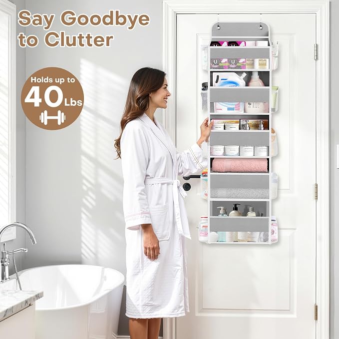 Over the Door Organizer, 5 Large Pocket Hanging Storage with 40lb Capacity | Space Saving Door Storage for Nursery, Bathroom, Bedroom and Closet, Baby Essentials and Toiletry Organizer, Grey