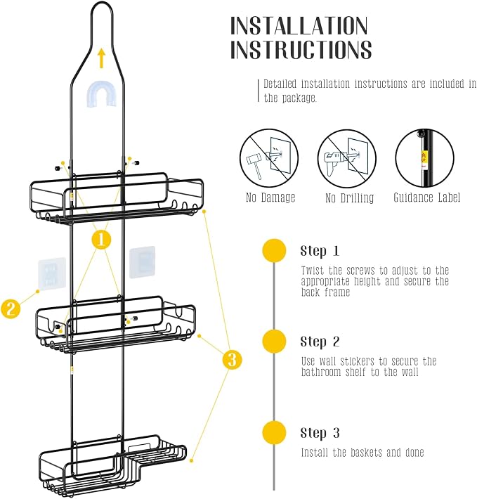 Skyapex Shower Caddy Hanging Bathroom Organizer: Over Head Adjustable Rack for Tall Showerhead - Extra Large Storage Shelf for Big Shampoo Bottles with Soap Holder