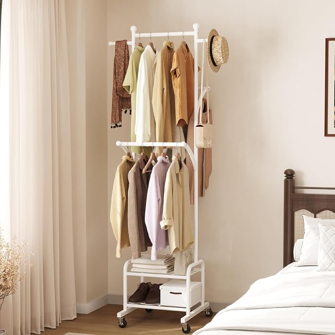 Rolling Clothes Rack with 2 Shelves, Small Metal Clothing Rack with Wheels | Gasvadivum 71" Tall Sturdy Garment Rack with 3 Hanging Rods, Freestanding Portable Coat Rack for Laundry Room, Bedroom, White