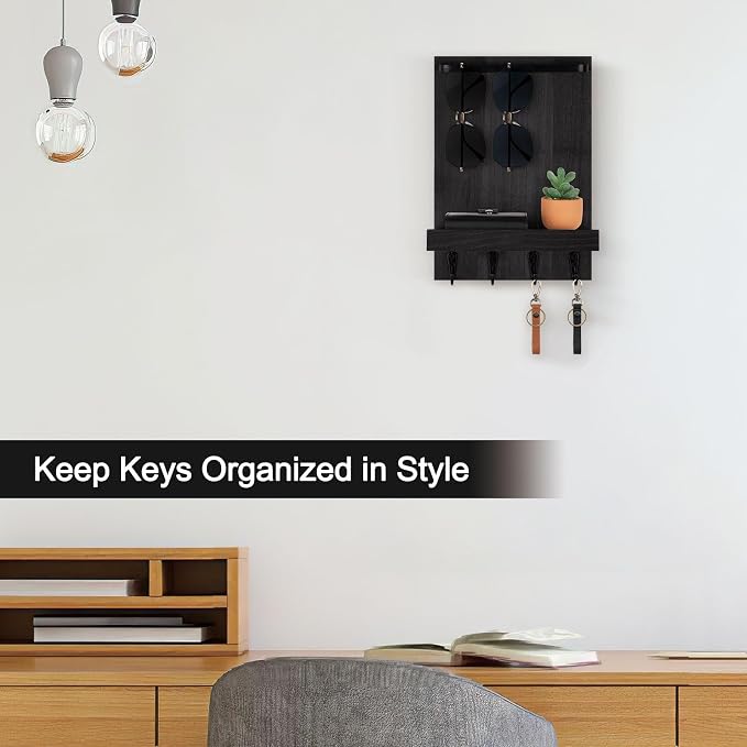 Key Holder Wall Mount, Key Holder for Wall with 4 Hooks, Farmhouse Key Hanger Holds Dog Leash, Sunglasses – Decorative Mail Organizer Home Decor (Black)