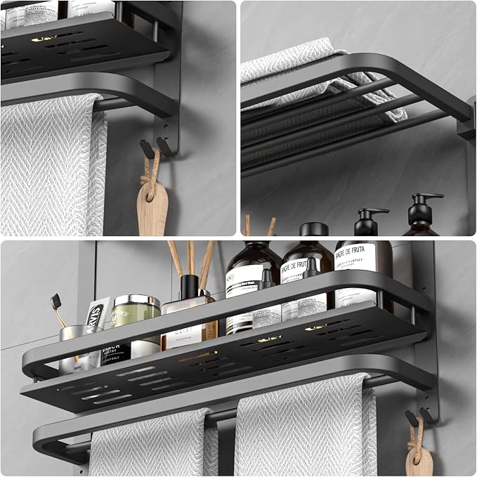 CAXIMSY 22.8Inch Towel Rack for Bathroom and Lavatory Towel Hanger with Wall Mount Towel Bars 304 Stainless Steel No Drill (Collapsible Black Towel Rack with Bathroom Organize Shower Shelves)