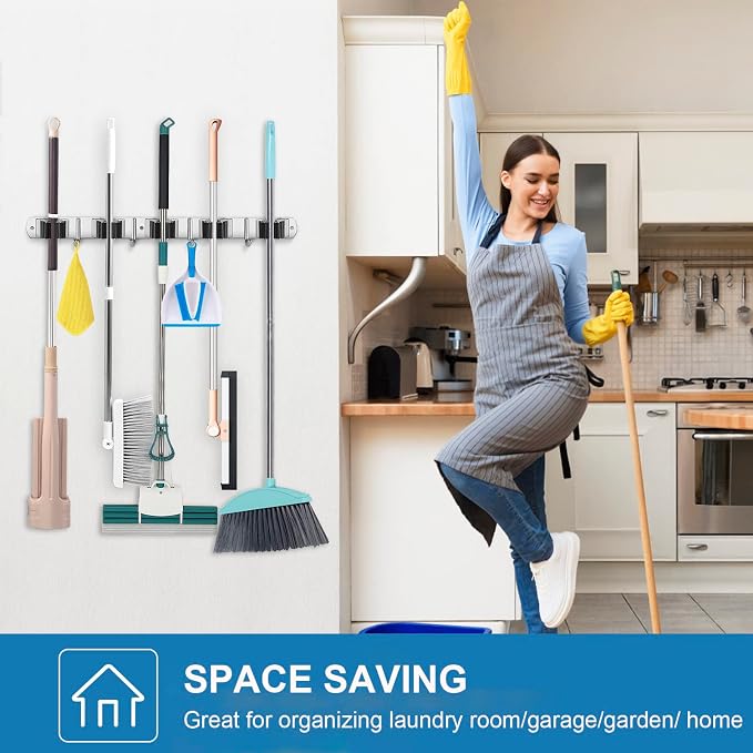 IMILLET 2 Pack Broom Holder Wall Mount Stainless Steel Mop Organizer | 5 Racks 4 Hooks Heavy Duty Garage Organization Storage,Broom and Mop Organizer Wall Hanging Self Adhesive for Laundry Room