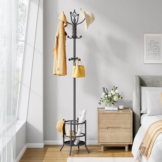 Tajsoon Coat Tree with Umbrella Stand, Coat Rack With 16 Hooks, Grey | 2-In-1 Design, Coat Stand Freestanding, Durable & Stable, Space-Saving, For Living Room, Bedroom, Office