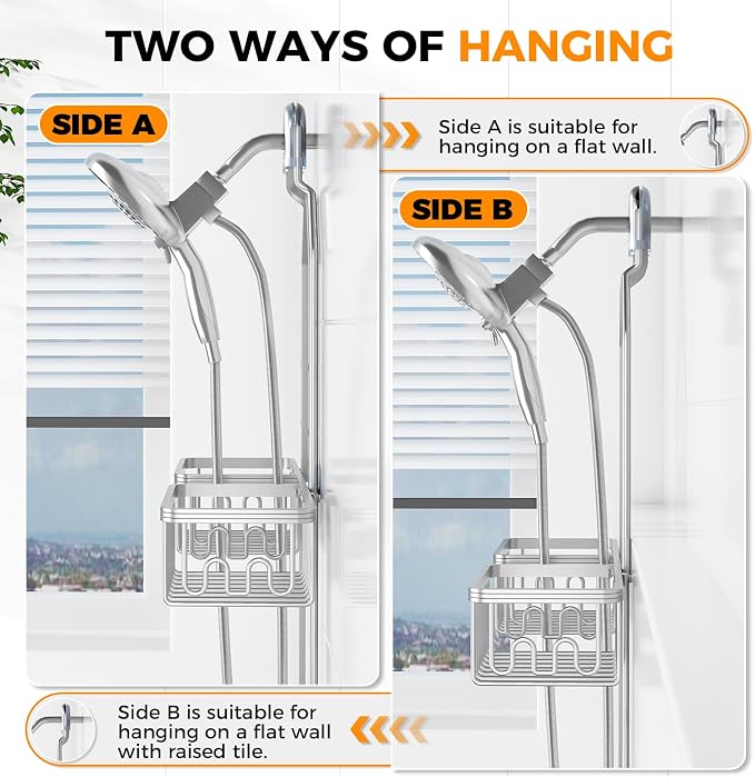 Adjustable Aluminum Shower Caddy Hanging for Handheld Showerhead, Silver | Rustproof Aluminum, Shower Organizer, Anti-Slip, Quick-Drain Shelf, 40lbs Capacity, Suction Cups, 8 Hooks, Razor Soap Holders
