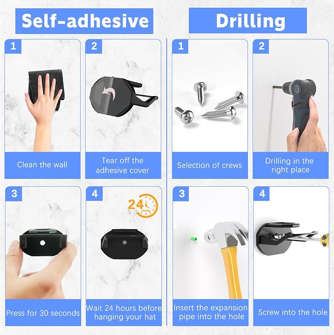 16 Pack Adhesive Hat Hooks for Wall, Super Strong Hat Rack for Baseball Caps, Hat Organizer Display for Home Decor, Hat Hangers Holder for Wall, Door, Closet, No Drilling - USA Patented (Black)