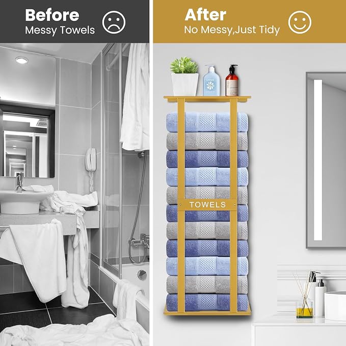 Bathroom Towel Storage Rack, Wall Mounted Bathroom Towel Rack, 30 inch Heavy Duty 6 Large Towels, Wall Mounted Towel Rack for Rolled Towels, Gold