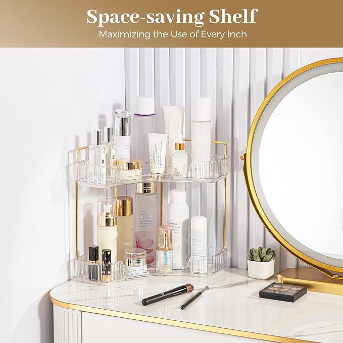 Aveniee Corner Bathroom Counter Organizer, Bathroom Countertop Shelf Makeup Organizer for Vanity Perfume Tray for Corner Storage (2 Tiers, White)