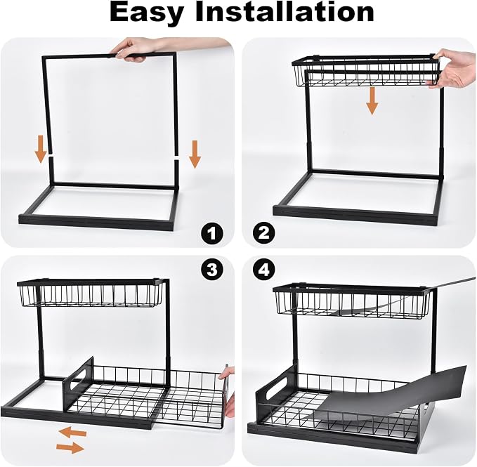 REALINN Under Sink Organizer, Pull Out Cabinet Organizer, 2 Tier Metal Slide Out Shelf with L Shaped Design for Kitchen, Bathroom, Laundry, and Utility Cabinet Storage for Deep Cabinets, Black, 1 Pack