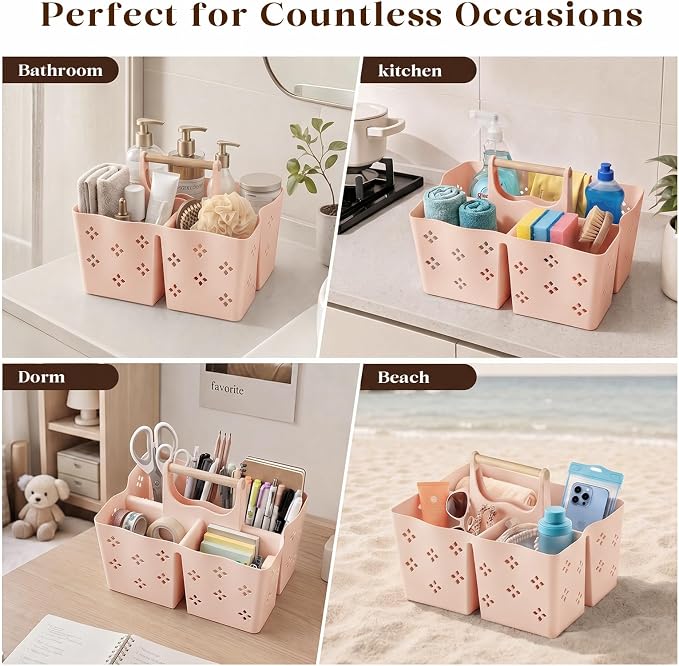 GVY Portable Plastic Shower Caddy, Large Capacity Shower Basket with Handle, Divided Bathroom Toiletry Organizer, Quick-Drain Shower Caddy for College Dorm Beach Kitchen Essentials, Cream