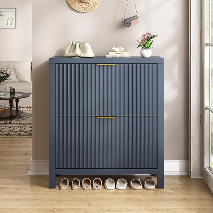 Fluted Shoe Cabinet Storage with 2 Flip Drawers for Entryway, Hallway | Narrow Shoe Rack Freestanding Shoe Organizer with Legs for Entryway,Hallway, Blue